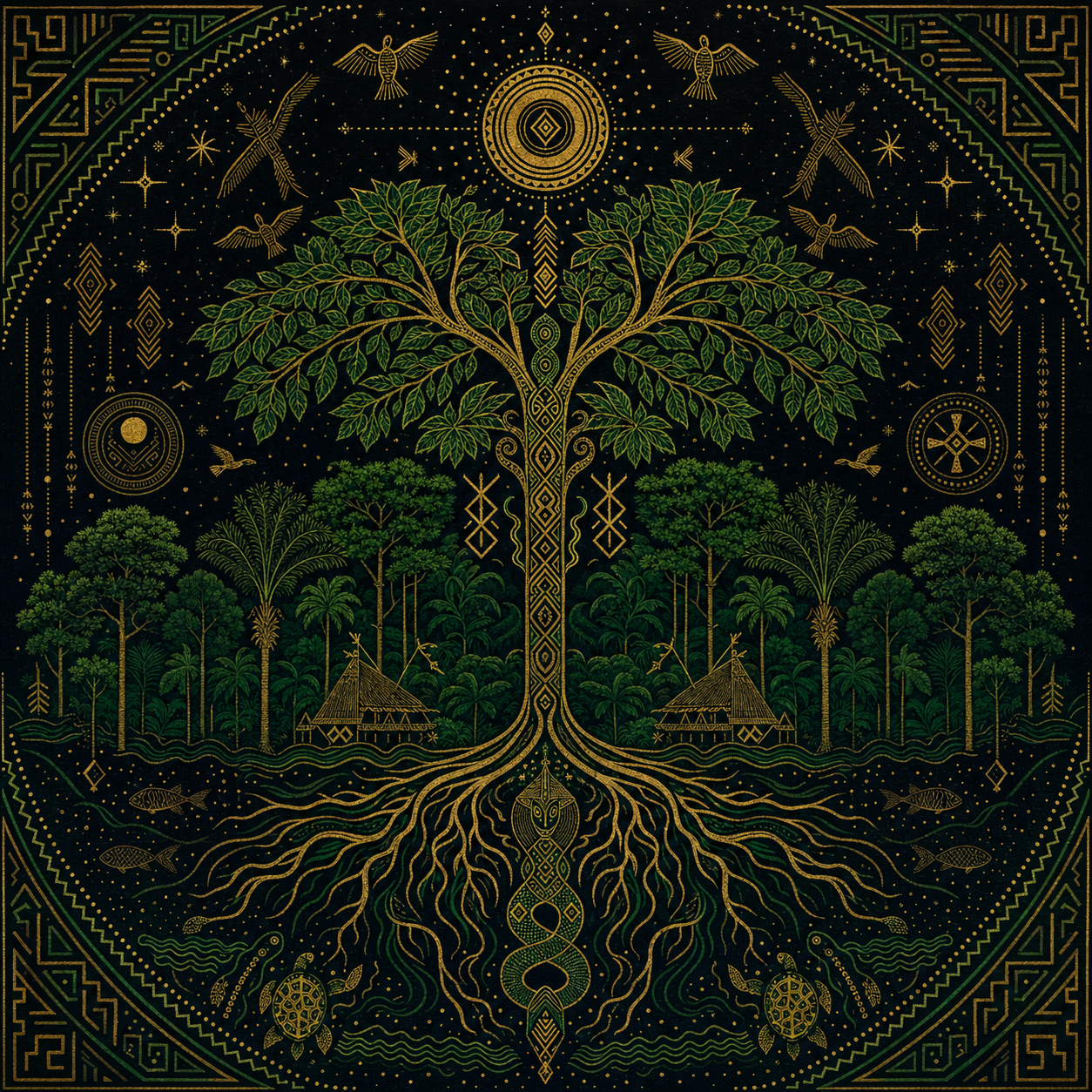 Urihi a (Forest-Land Cosmos / Falling Sky) motif artwork